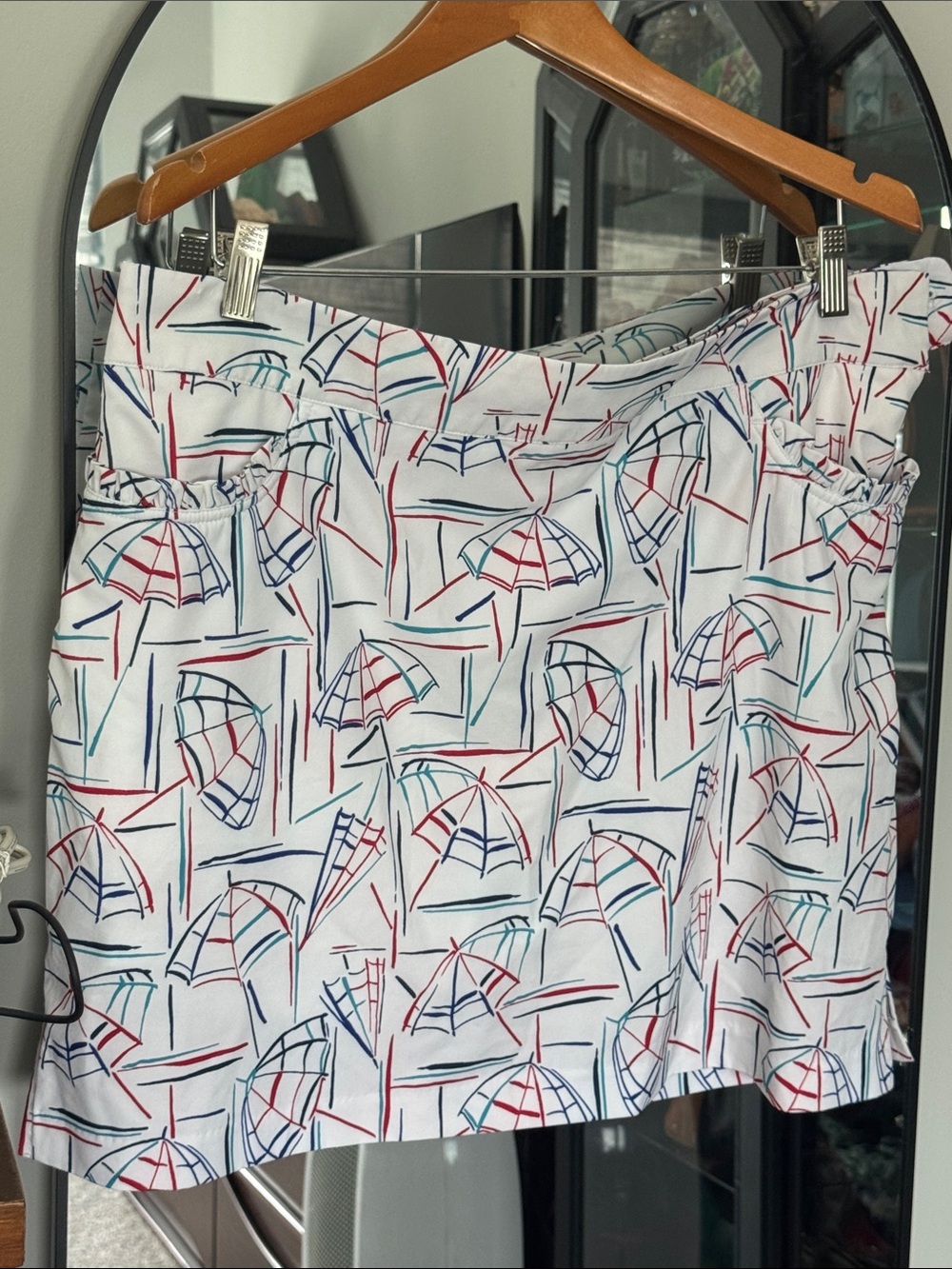 White Umbrella-Print Mini Skirt in Red, Blue & Teal